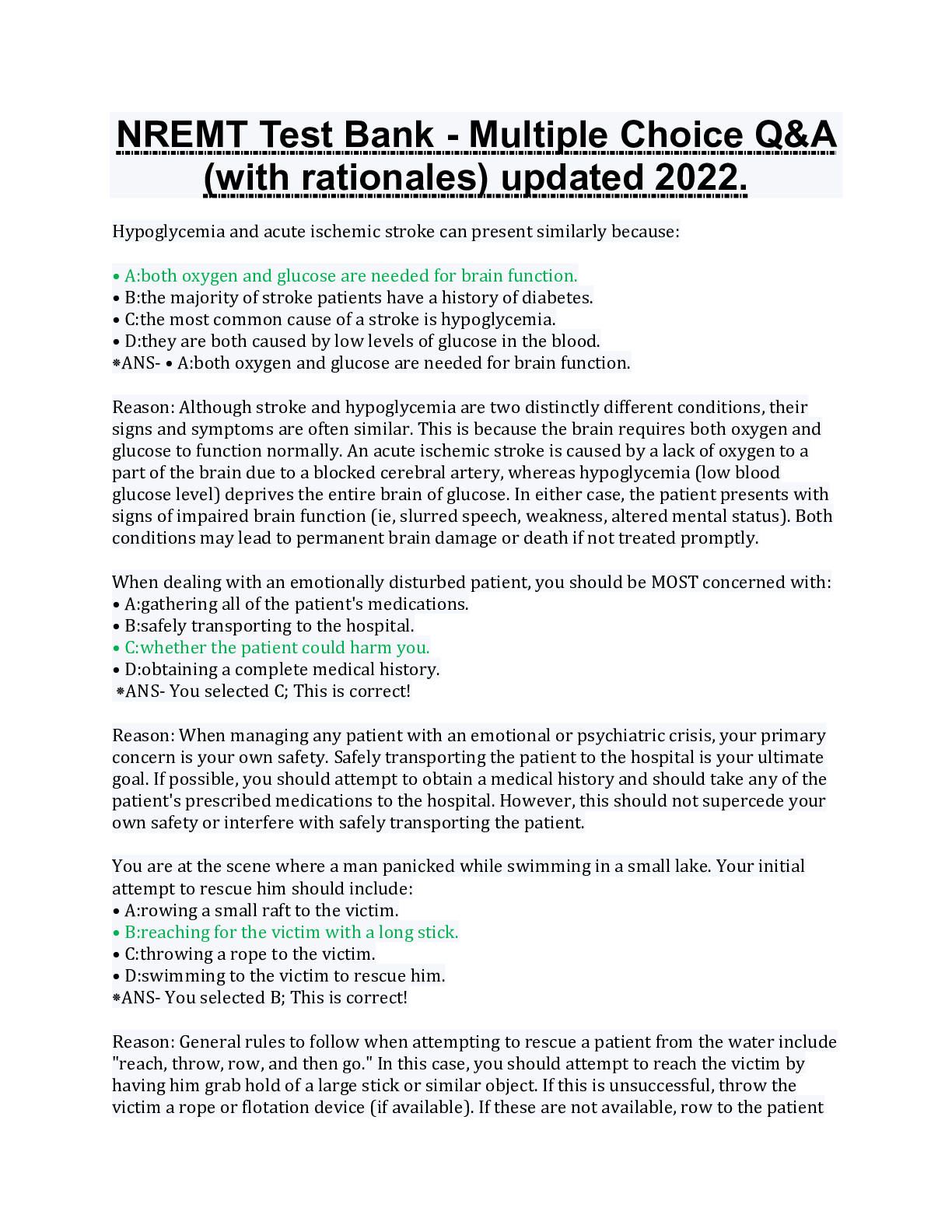 Preview image for National Registry of Emergency Medical Technicians: Emergency Medical Responder Test Bank; fall 2022 class